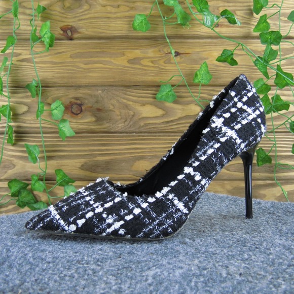 She & In Pointed Toe Heels Stiletto Black White Plaid‎ Pumps Career Shoes 40 - Picture 1 of 7